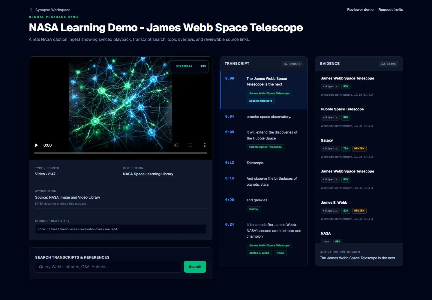 Synapse media workspace showing NASA video playback, transcript chunks, evidence cards, and timestamped search.