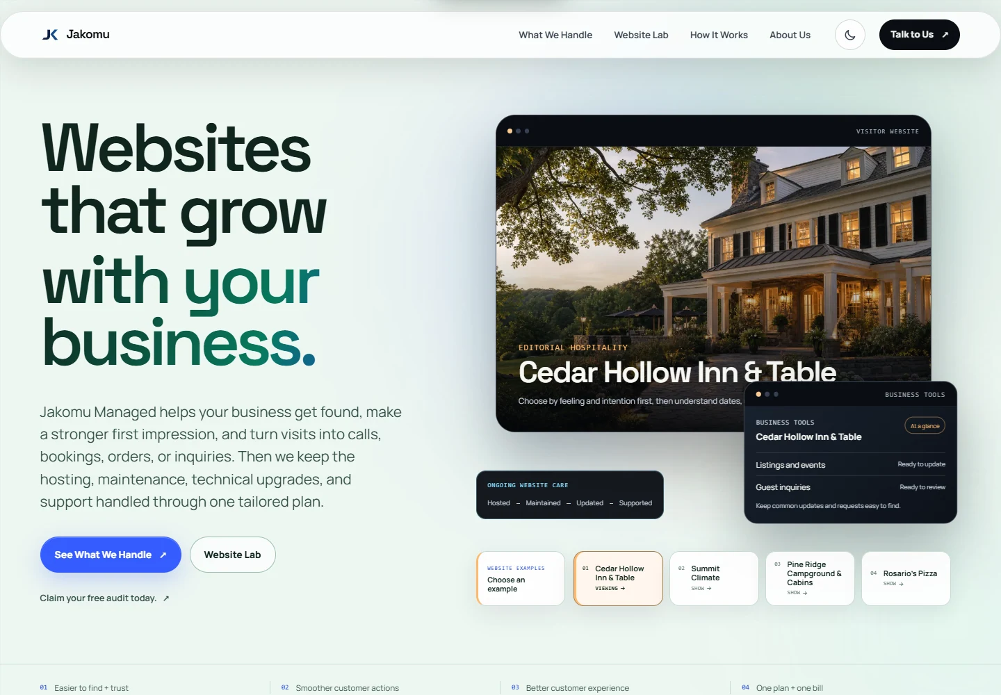 Jakomu Managed homepage showing a customer website, business tools, and ongoing website care.