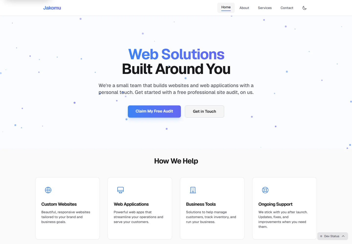 Jakomu public site homepage presenting web solutions for small businesses.