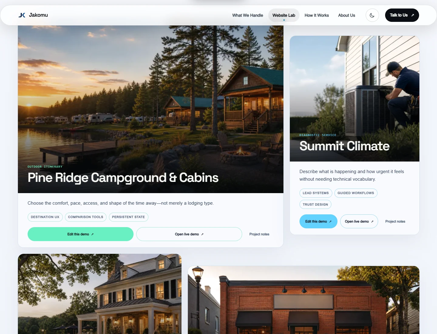 Jakomu Website Lab displaying interactive website examples for hospitality and home services