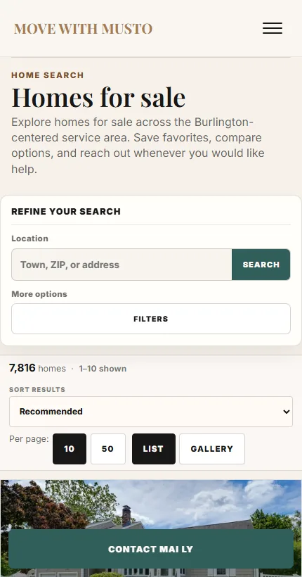 Mobile view of Mai Ly Musto's live production property-search page.