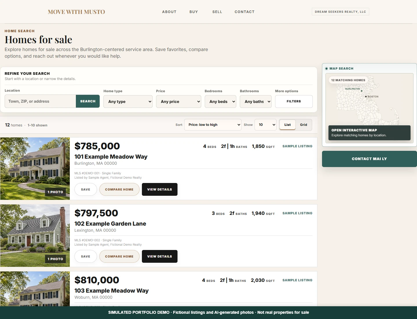 Move With Musto search interface running locally with fictional listings and AI-generated property photos